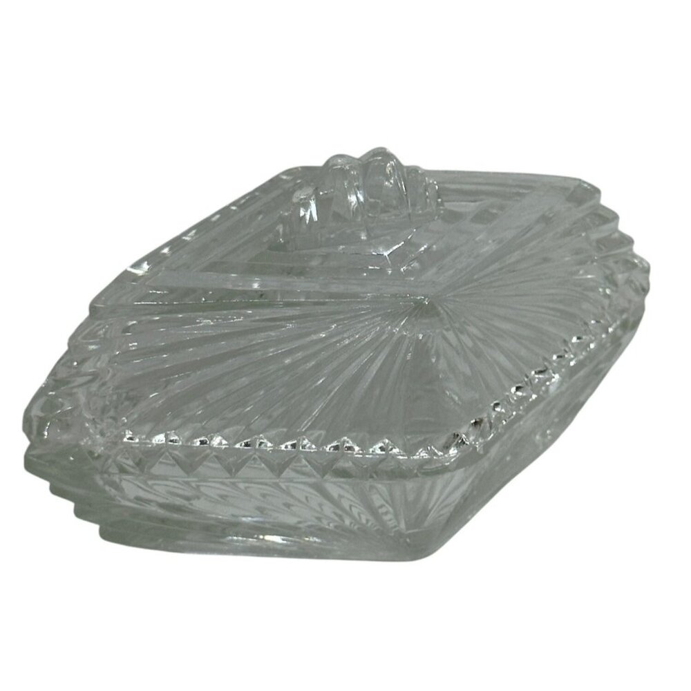 VTG Clear Cut Glass Diamond Trinket Box w/ Lid Pinwheel Design 5.5" Classic MCM